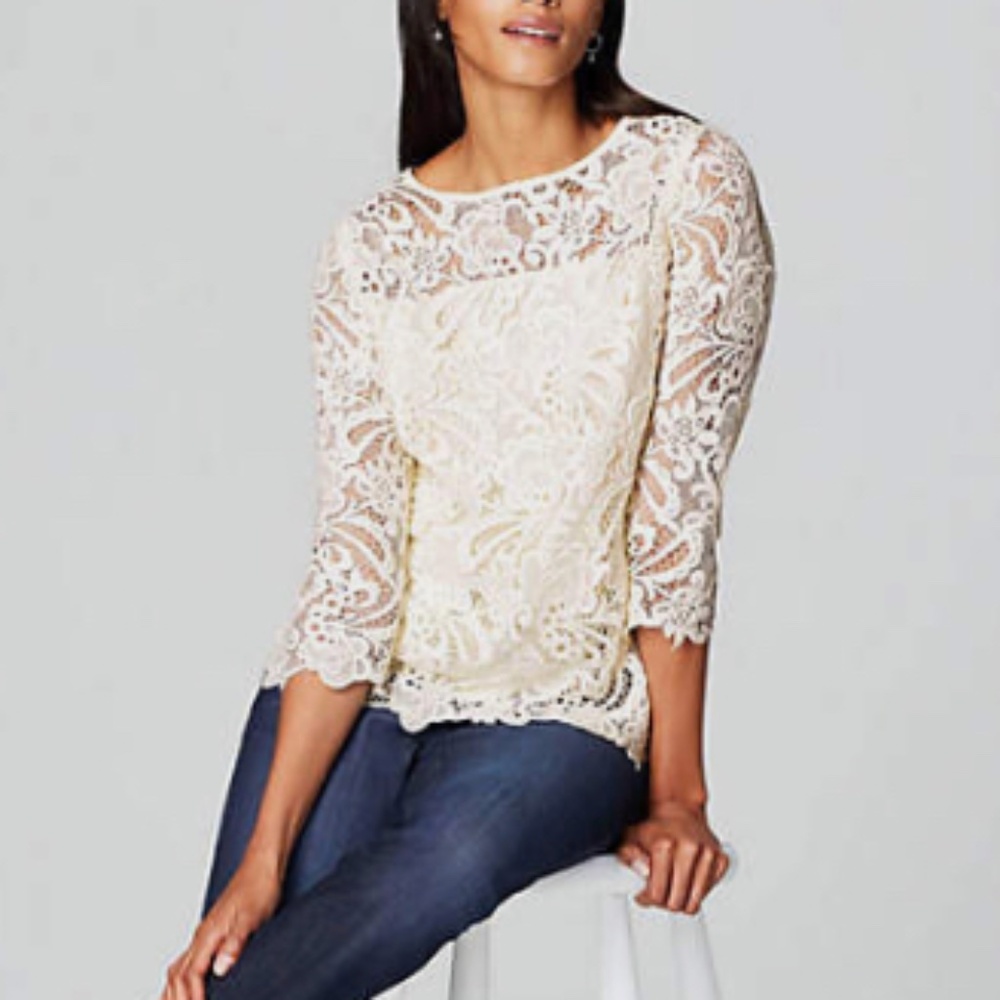 NWT White Lace Top J. Jill Ornate Lined Size XS Bust 38" Ballet Neck 3/4 Sleeve